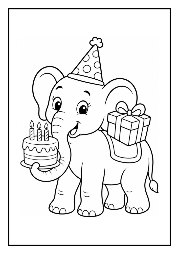 Leuke kleurplaat van een schattige olifant met een feesthoed die een taart met kaarsjes vasthoudt en een cadeau op zijn rug draagt.