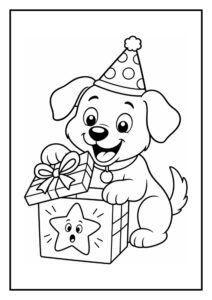 Kleurplaat van een schattige hond met een feesthoed die een cadeau opent op een verjaardag