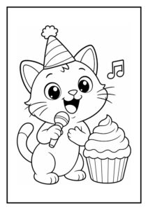 Kleurplaat van een kat met verjaardagshoedje die een verjaardagslied zingt naast een grote cupcake