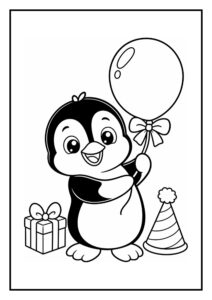 Leuke kleurplaat van een schattige pinguïn die een ballon vasthoudt met een cadeau en een feesthoed erbij.
