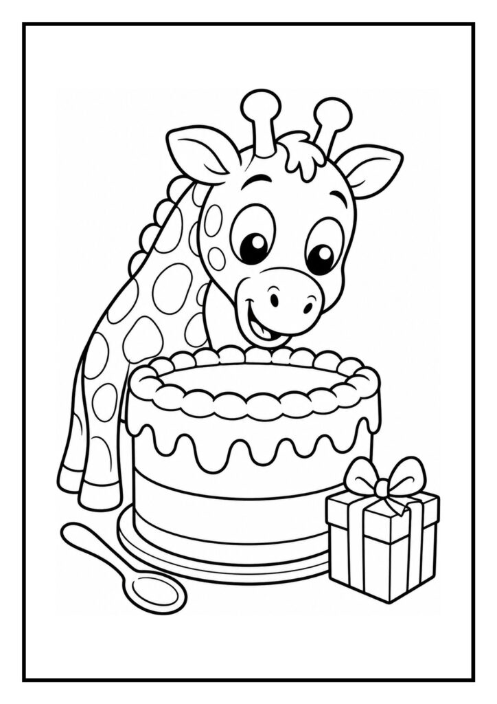 Kleurplaat van een schattige giraf die blij naar een verjaardagstaart kijkt met een cadeau en een lepel ernaast.