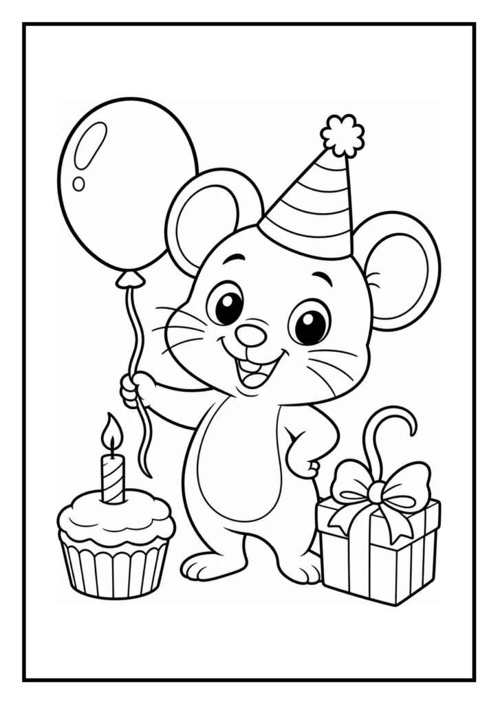 Kleurplaat van een vrolijke muis met een feestmuts die een ballon vasthoudt naast een cupcake met een kaars en een cadeau