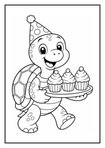 Kleurplaat van een schattige schildpad met een feesthoed die een dienblad met drie cupcakes vasthoudt.