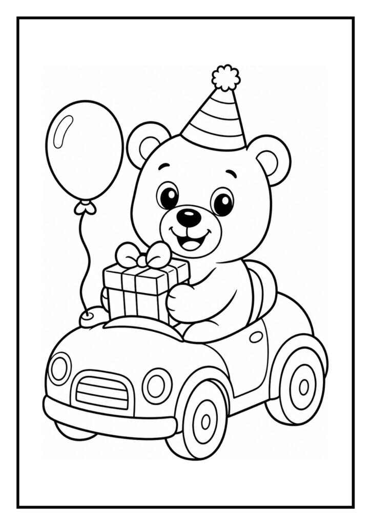 Kleurplaat van een schattige beer met een verjaardagshoed die in een speelgoedauto zit met een cadeau en een ballon.
