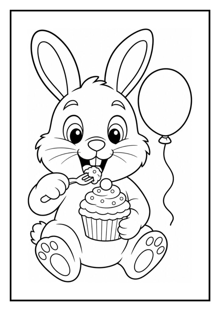 Kleurplaat van een schattig konijn dat een verjaardagscupcake eet met een ballon naast zich