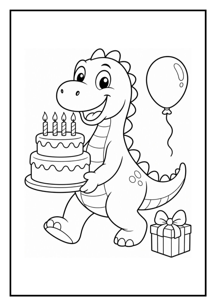 Leuke kleurplaat van een schattige dinosaurus die een verjaardagstaart met vier kaarsen draagt, omringd door een ballon en een cadeau.