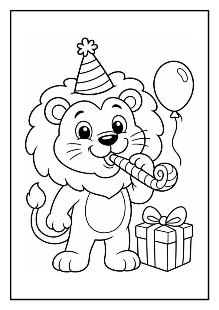 Kleurplaat van een schattige leeuw met een feesthoedje, een feestfluitje, ballon en cadeau