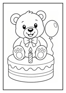 Kleurplaat van een schattige teddybeer die op een grote verjaardagstaart zit met een ballon en een brandende kaars
