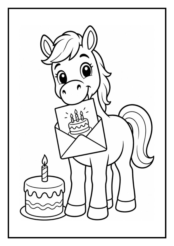Kleurplaat van een schattig paard met een verjaardagskaart en een taart met een kaars