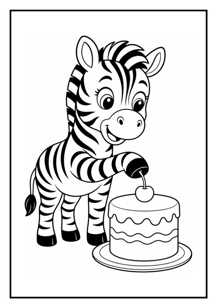 Kleurplaat van een schattige zebra die een kers op een taart plaatst