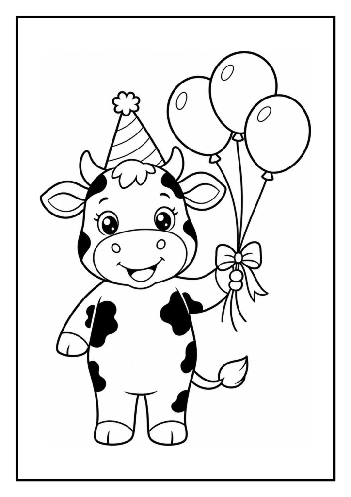 Kleurplaat van een schattige kinderlijke koe met een feestmuts die een bos ballonnen vasthoudt, geschikt voor jonge kinderen.