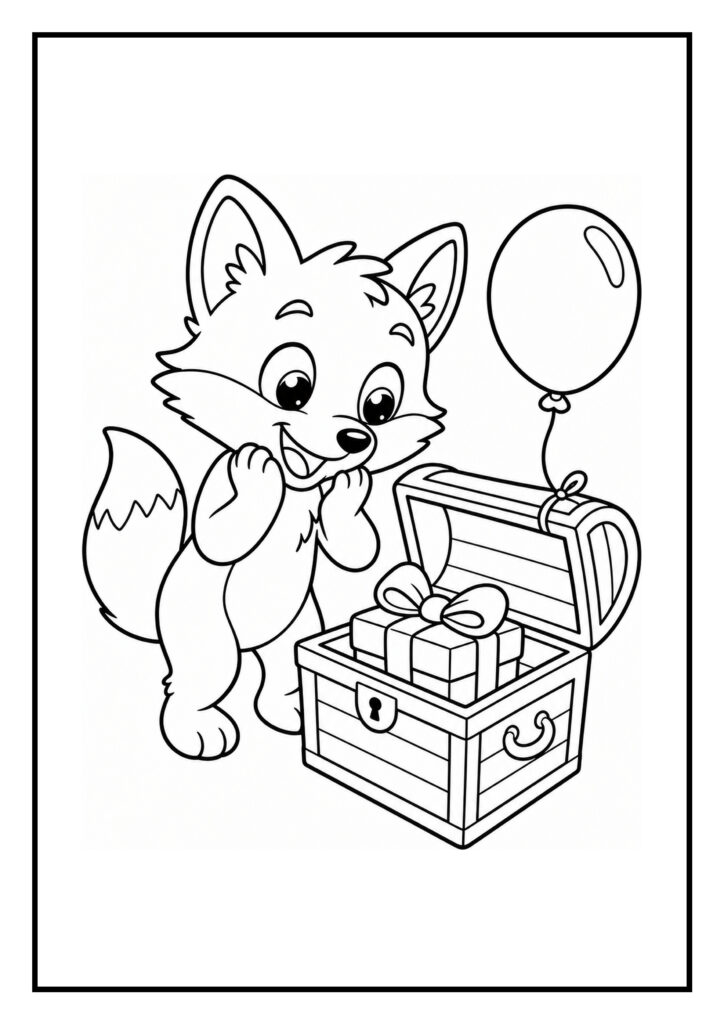 Leuke kleurplaat van een schattige vos die blij kijkt naar een open schatkist met een cadeautje en een ballon.