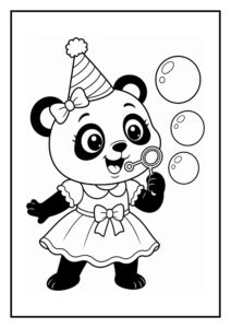 Leuke kleurplaat van een schattige panda met een feestmuts die bellen blaast tijdens een feestje