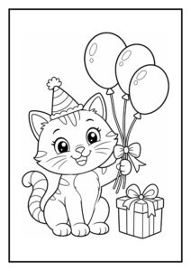 Kleurplaat van een schattige kat met een feesthoedje die ballonnen vasthoudt en naast een cadeau zit