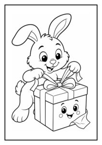 Kleurplaat van een schattig konijn dat een groot cadeau met strik opent