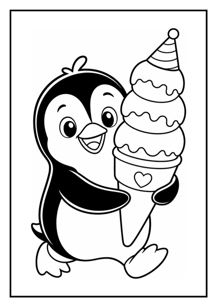 Schattige pinguïn die een groot ijsje vasthoudt en een feesthoed op het ijsje draagt