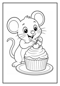 Schattige muis die blij een cupcake met een kers erop vasthoudt op een bord