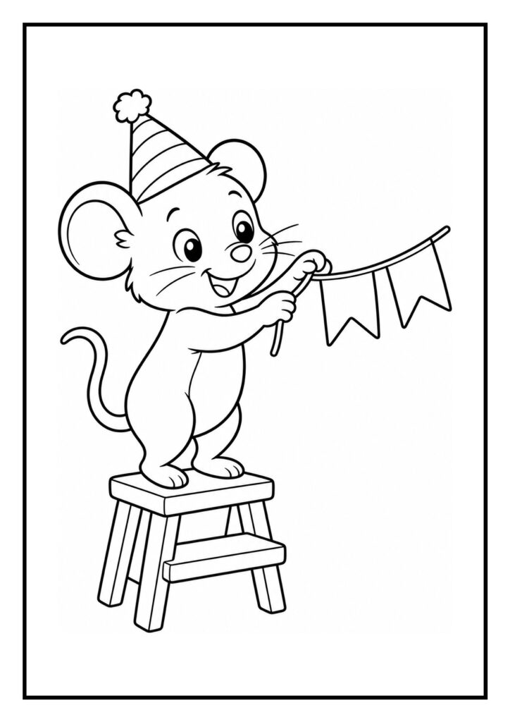 Kleurplaat van een vrolijke muis met een feestmuts die vlaggetjes ophangt terwijl hij op een kruk staat