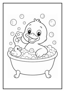 Kleurplaat van een schattige eend die vrolijk in een bubbelbad zit en een bloem vasthoudt