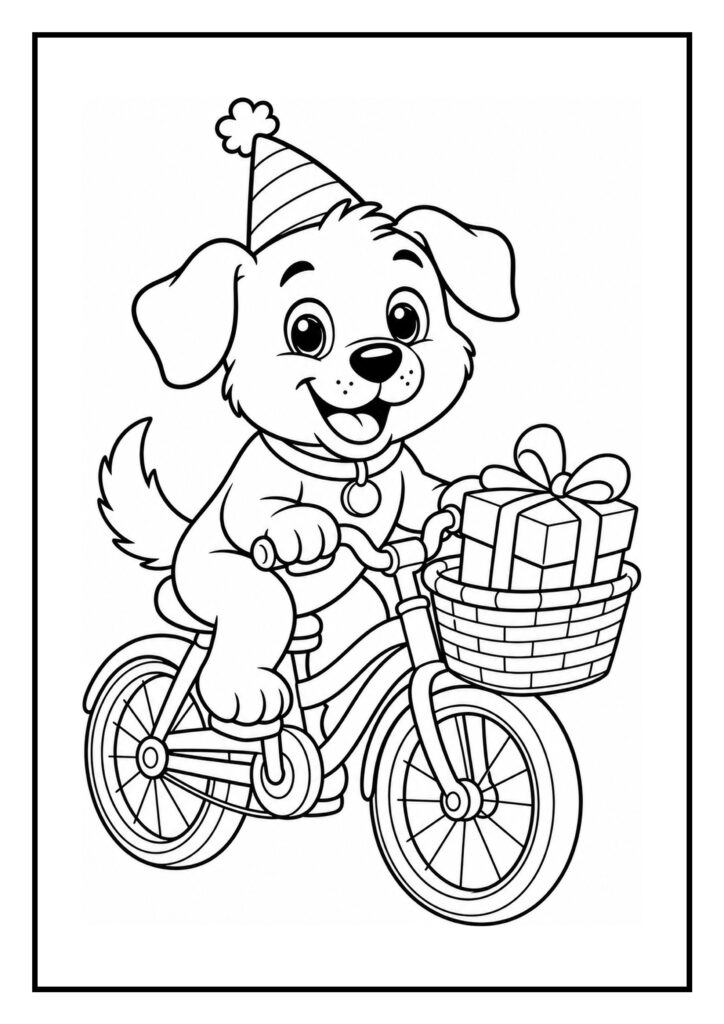 Leuke kleurplaat van een schattige hond met een verjaardagshoed op een fiets met een mand vol cadeaus