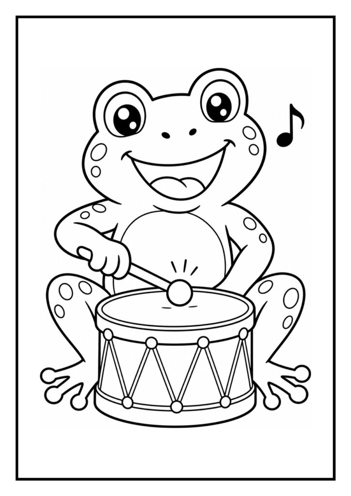 Kleurplaat van een vrolijke kikker die op een trommel slaat met een muzieksymbool ernaast