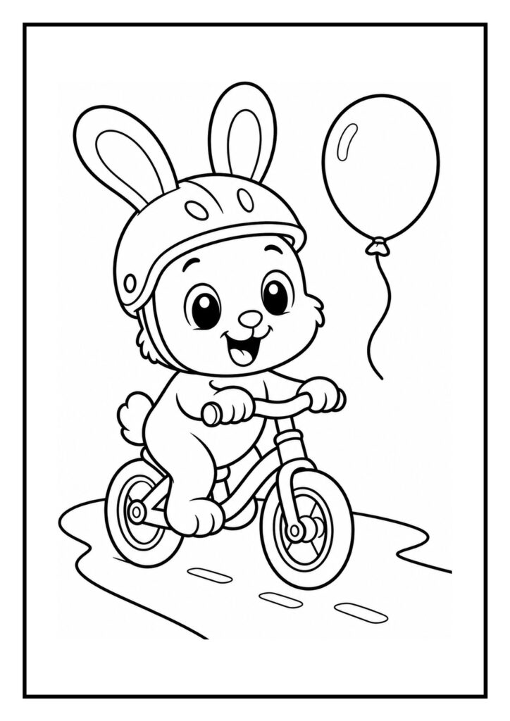 Kleurplaat van een vrolijk konijntje met helm op een loopfiets en een ballon
