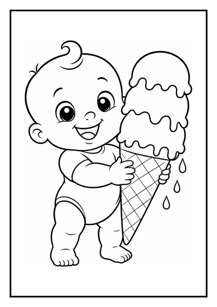 Kleurplaat van een vrolijke baby die een groot smeltend ijsje vasthoudt