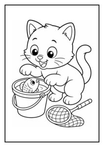Kleurplaat van een vrolijke kat die een vis vangt in een emmer met een visnet naast zich