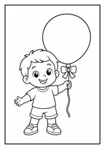 Kleurplaat van een jongen die vrolijk een ballon met een strik vasthoudt