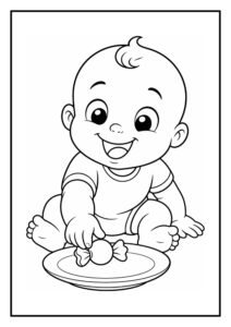 Kleurplaat van een lachende baby die op de grond zit en een snoepje van een bord pakt