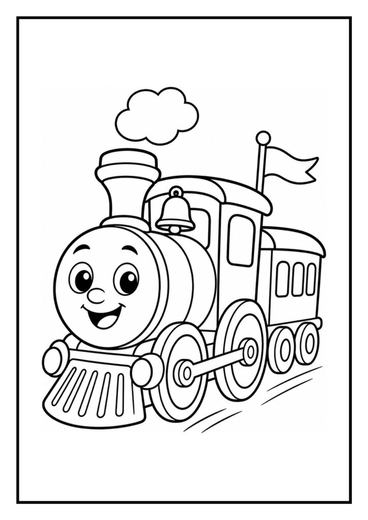 Kleurplaat van een vrolijke stoomlocomotief met een gezicht en een kleine conducteur met vlag