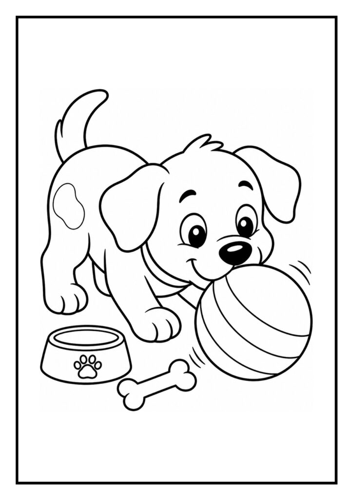 Leuke kleurplaat van een vrolijke puppy die speelt met een bal