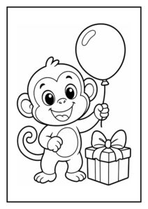 Leuke kleurplaat van een schattige aap die een ballon vasthoudt en naast een cadeau staat.