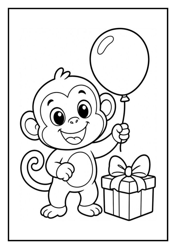 Leuke kleurplaat van een schattige aap die een ballon vasthoudt en naast een cadeau staat.