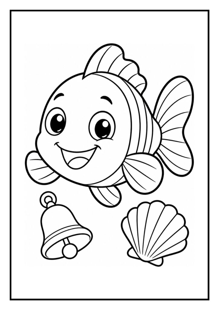 Vrolijke vis kleurplaat met een schelp en een bel onder water