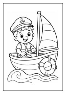 Leuke kleurplaat van een jongetje dat vrolijk in een kleine zeilboot vaart op de zee.