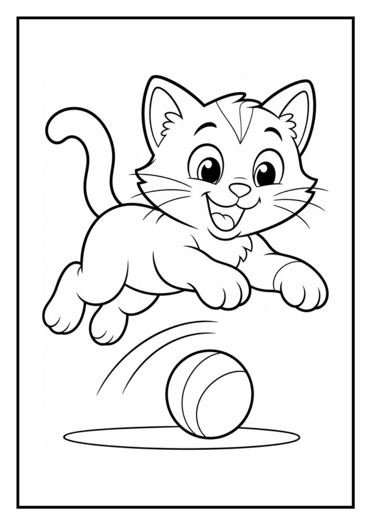 Een kleurplaat van een vrolijke kat die speelt met een bal