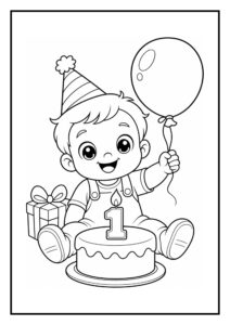 Leuke kleurplaat van een baby met een verjaardagstaart en een ballon, feestelijke achtergrond, geschikt voor peuters