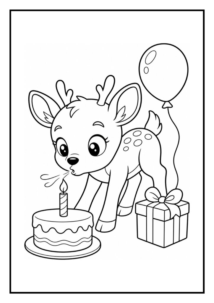 Schattige kleurplaat van een hert dat het eerste kaarsje uitblaast op een verjaardagstaart met een ballon en cadeau erbij