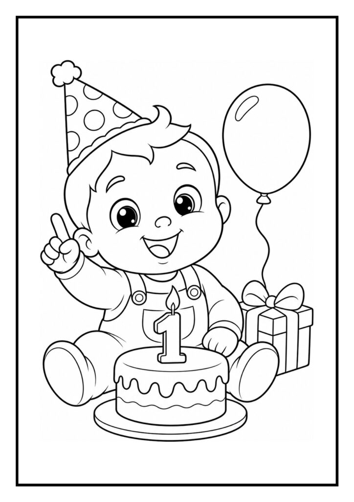 Kleurplaat van een baby met vrolijk gezicht, feestmuts, verjaardagstaart met kaarsje en ballon