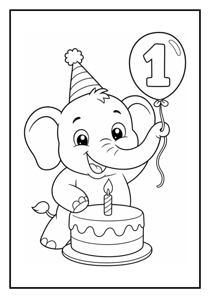Leuke kleurplaat van een schattige olifant met een feesthoedje die een ballon vasthoudt en naast een verjaardagstaart met een kaars staat.