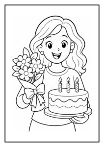 Vrolijk meisje met een verjaardagstaart met drie kaarsjes en een boeket bloemen.