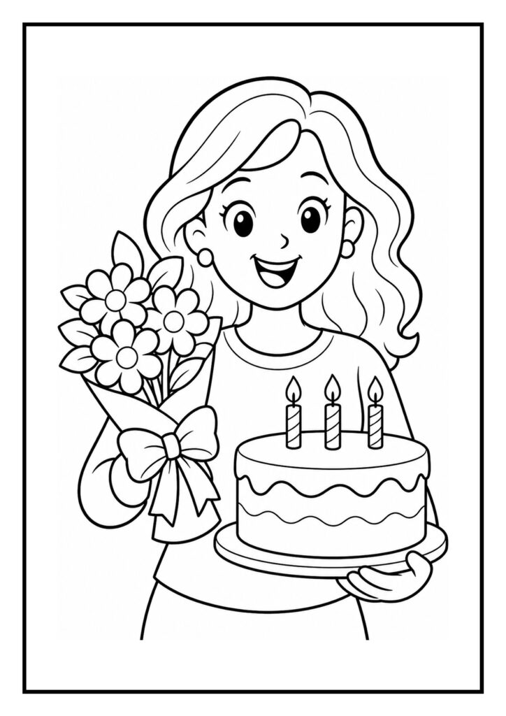 Vrolijk meisje met een verjaardagstaart met drie kaarsjes en een boeket bloemen.
