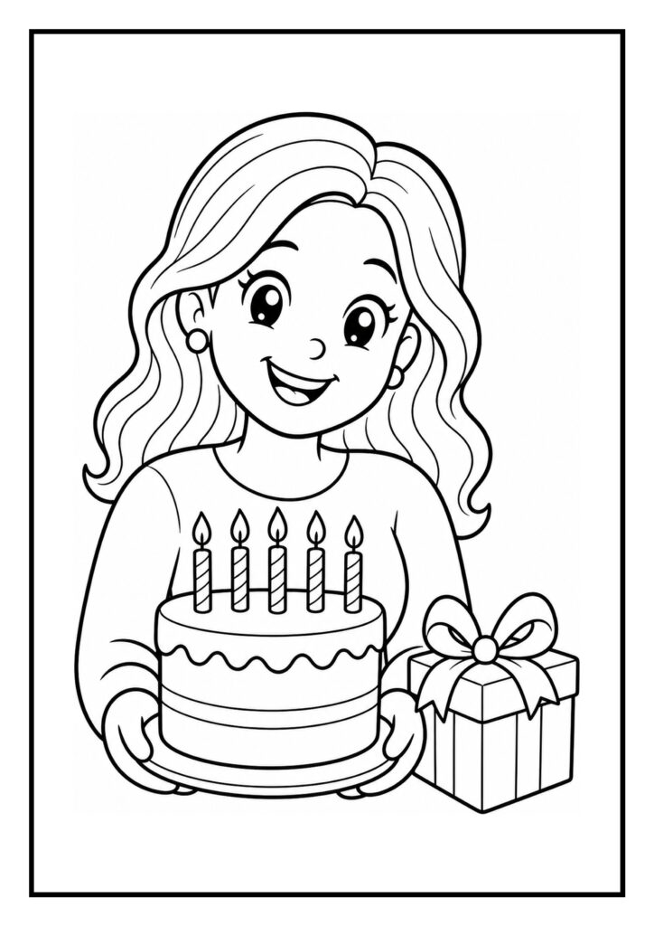 Kleurplaat van een vrolijk meisje dat een verjaardagstaart met vijf kaarsjes en een cadeau vasthoudt.