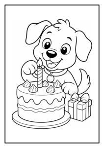 Kleurplaat van een schattige hond met een verjaardagstaart en een cadeau, feestelijk en makkelijk in te kleuren