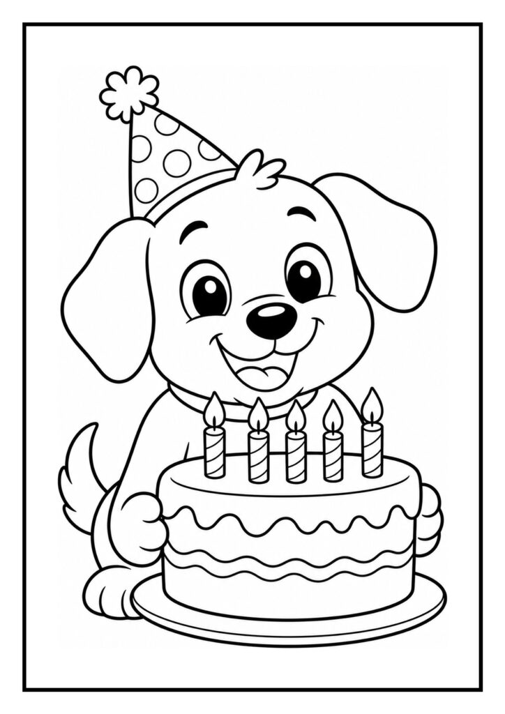 Leuke kleurplaat van een vrolijke hond met een verjaardagsmuts die een taart met vijf kaarsjes vasthoudt