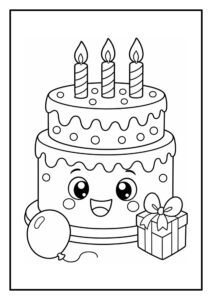 Kleurplaat van een vrolijke verjaardagstaart met gezicht, drie kaarsjes, een ballon en een cadeau.