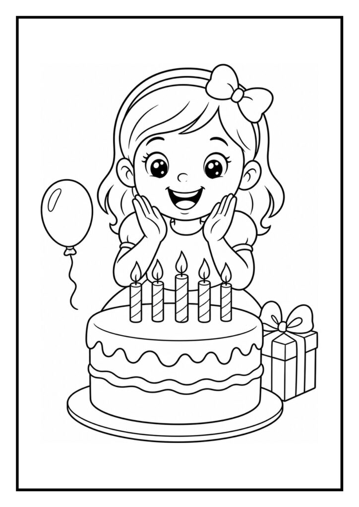 Kleurplaat van een vrolijk meisje dat achter een verjaardagstaart met kaarsjes zit, met een ballon en een cadeau in de achtergrond.