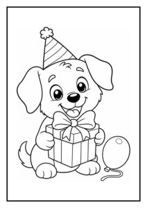 Kleurplaat van een schattige puppy met een cadeau en een ballon die een feestmuts draagt