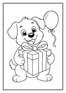 Leuke kleurplaat van een schattige hond die een cadeau en een ballon vasthoudt op een feestelijke achtergrond.